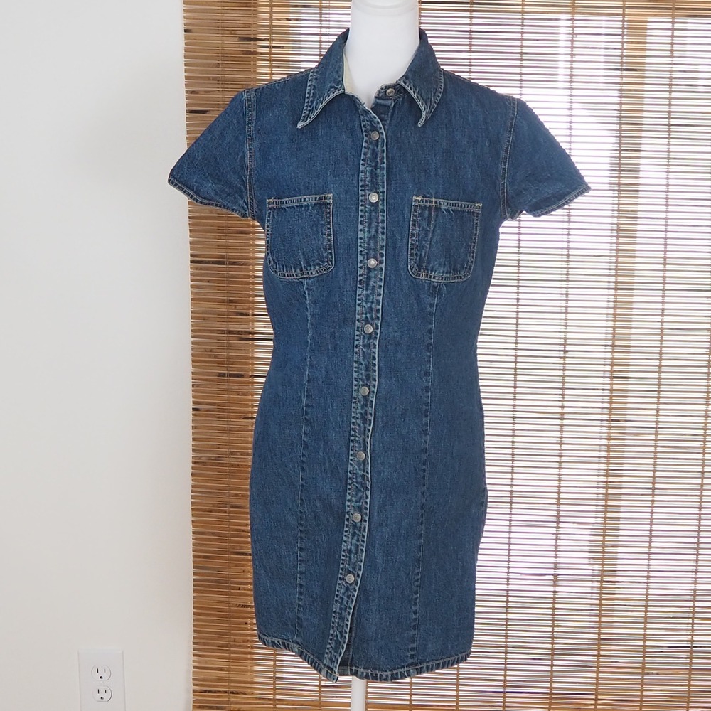 VTG Y2K Gap Denim Snap Dress Women's 10 Cap Sleeve Button Front Cotton